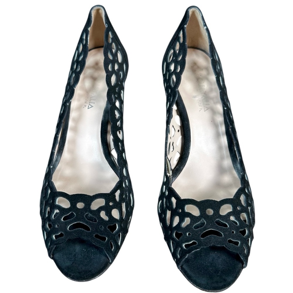 AQUATALIA Laser Cut Suede Peep Toe Heels - Picture 3 of 7
